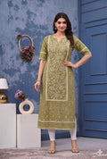Women’s Olive Green Pure Cotton Printed Straight Kurta