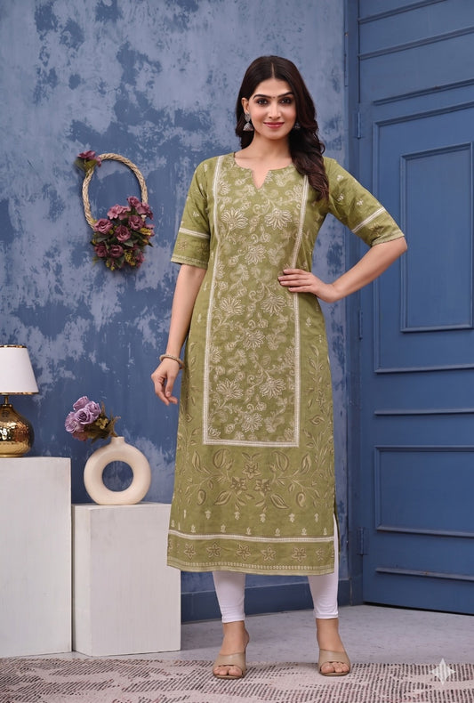 Women’s Olive Green Pure Cotton Printed Straight Kurta