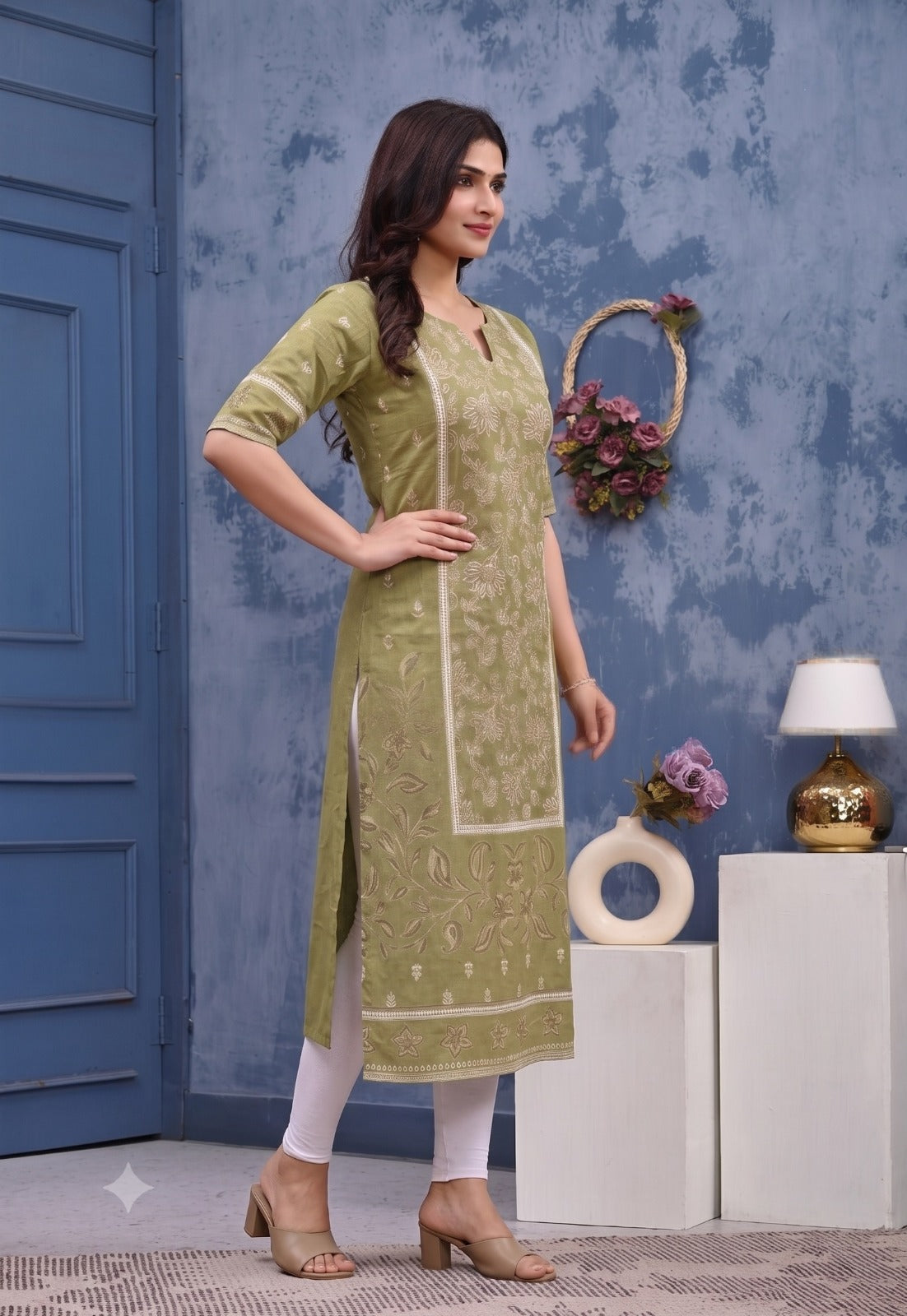 Women’s Olive Green Pure Cotton Printed Straight Kurta
