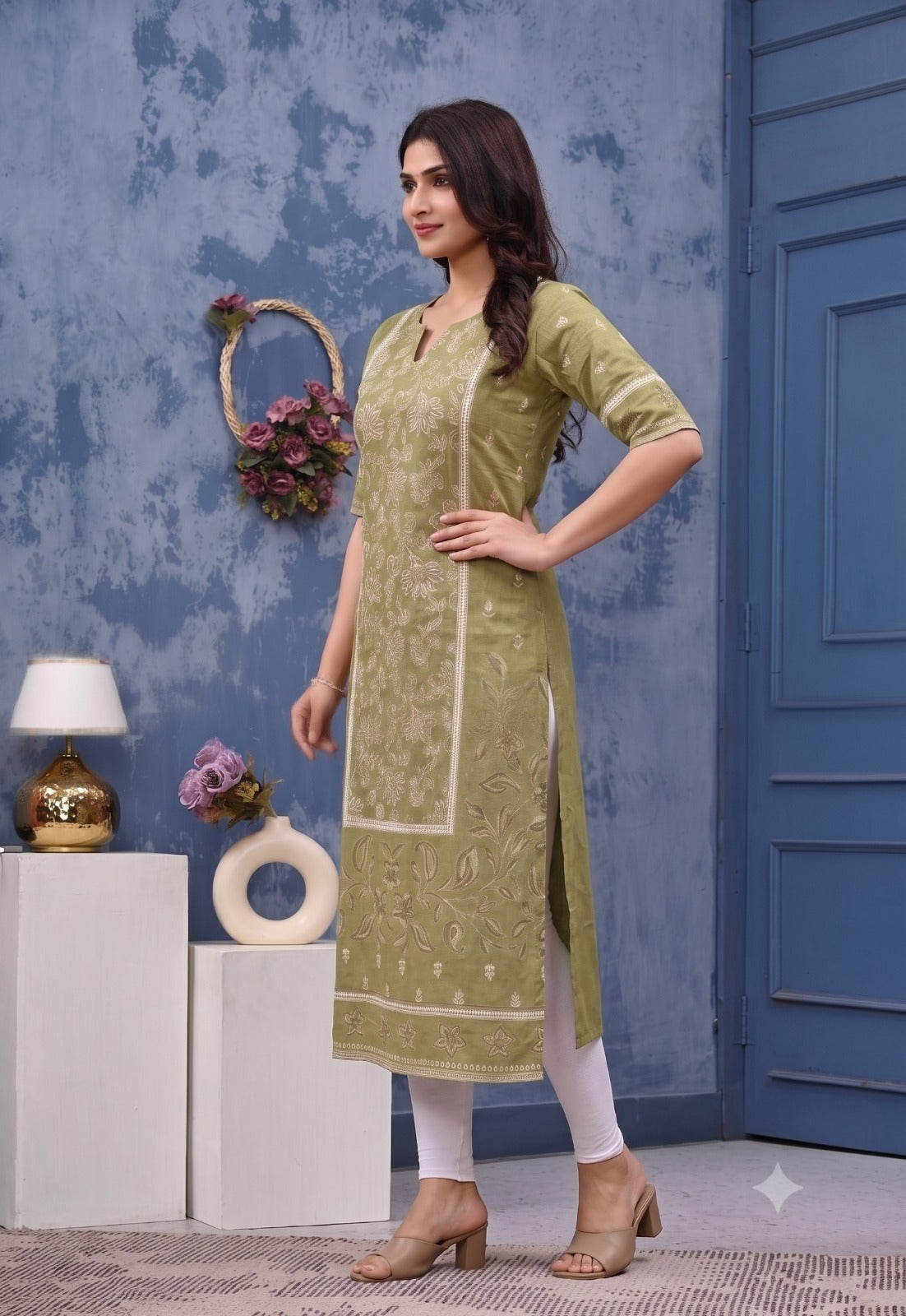 Women’s Olive Green Pure Cotton Printed Straight Kurta
