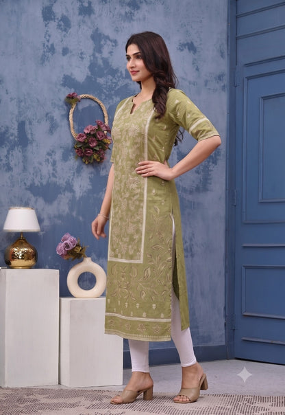 Women’s Olive Green Pure Cotton Printed Straight Kurta