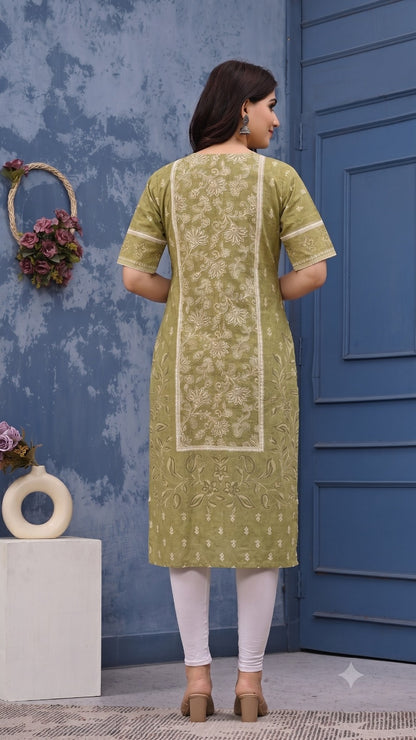 Women’s Olive Green Pure Cotton Printed Straight Kurta