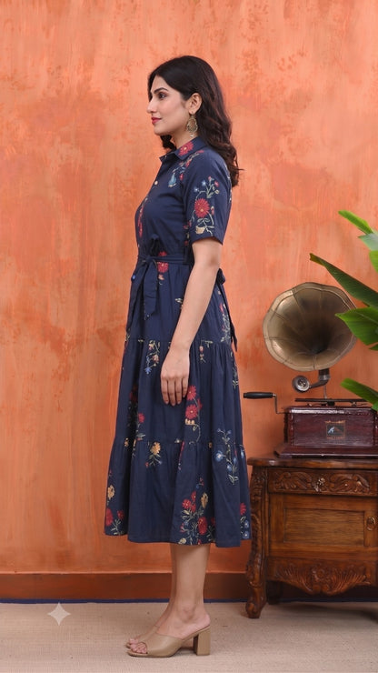 Cotton Floral Printed Tiered A-Line Midi Dress