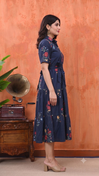 Cotton Floral Printed Tiered A-Line Midi Dress