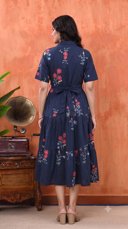Cotton Floral Printed Tiered A-Line Midi Dress