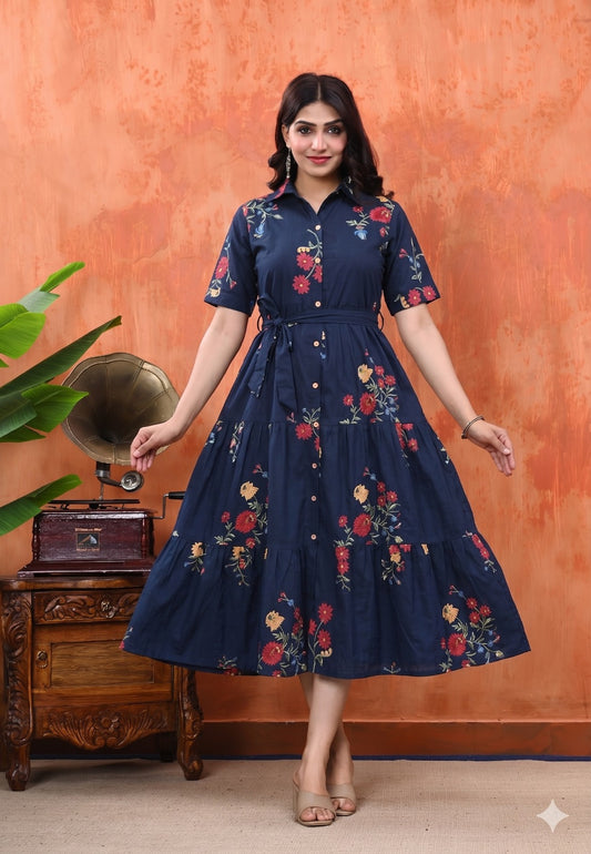 Cotton Floral Printed Tiered A-Line Midi Dress
