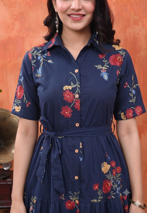 Cotton Floral Printed Tiered A-Line Midi Dress