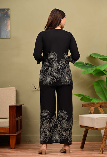Pure Cotton Black Floral Printed Co-Ord Set