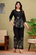 Pure Cotton Black Floral Printed Co-Ord Set | Button-Down Top & Straight Pants