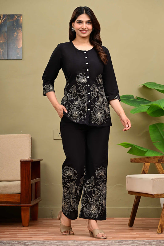Pure Cotton Black Floral Printed Co-Ord Set