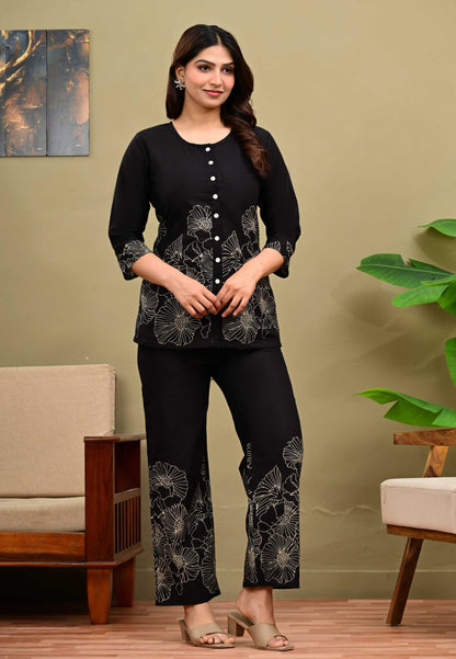 Pure Cotton Black Floral Printed Co-Ord Set