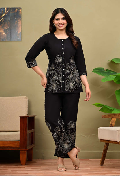 Pure Cotton Black Floral Printed Co-Ord Set