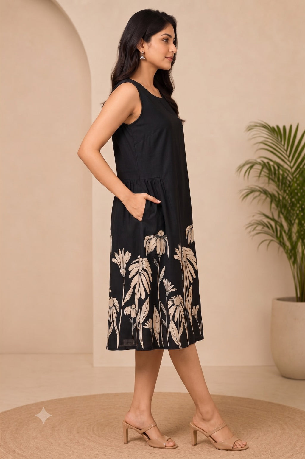 Floral Print Black A-Line Dress