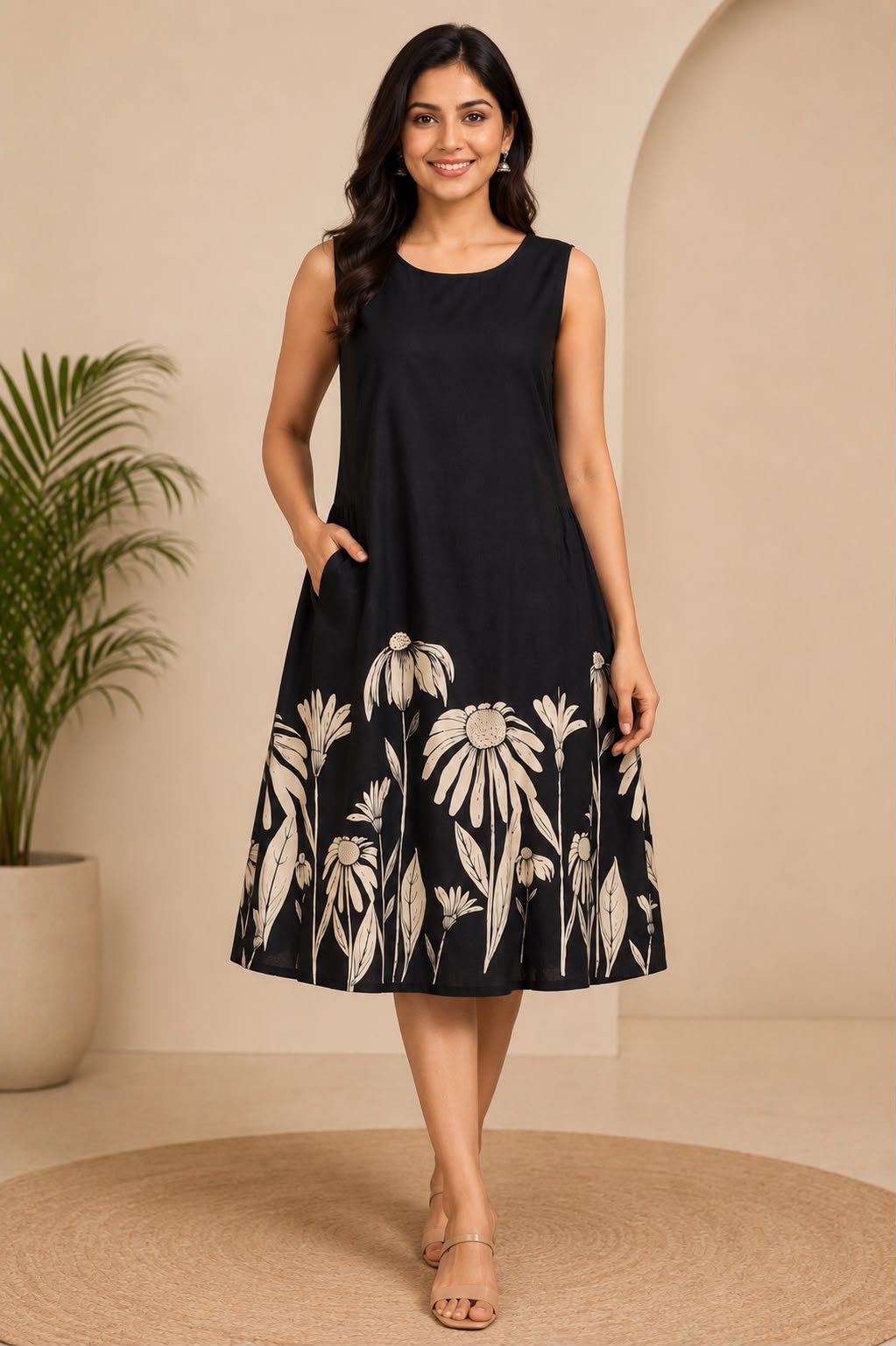 Floral Print Black A-Line Dress