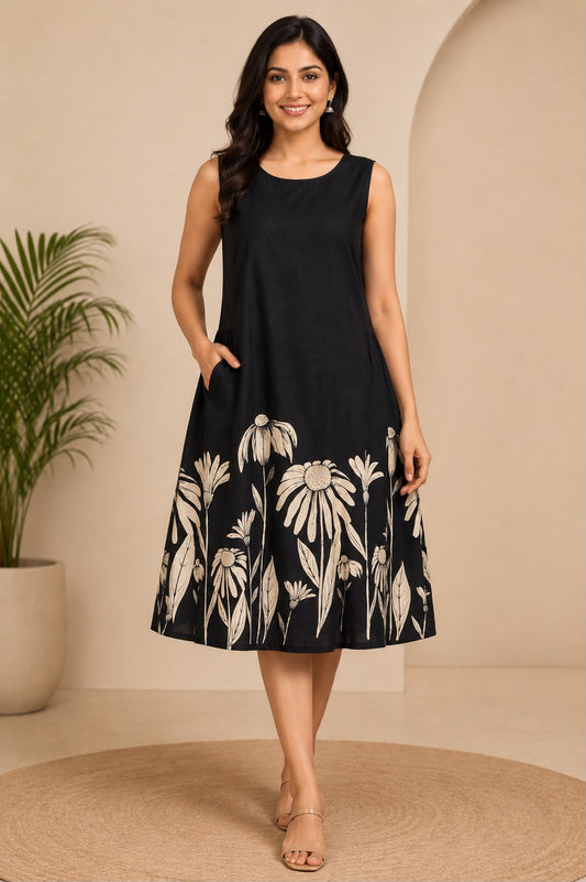 Floral Print Black A-Line Dress