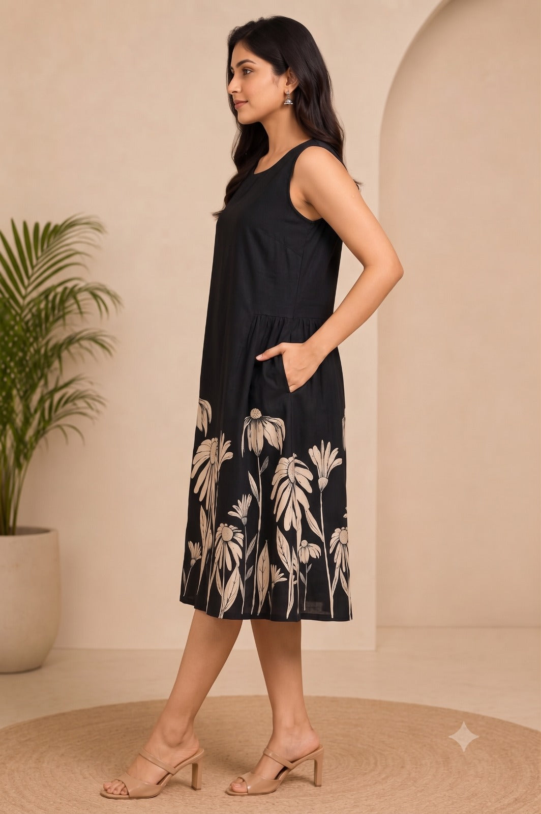 Floral Print Black A-Line Dress