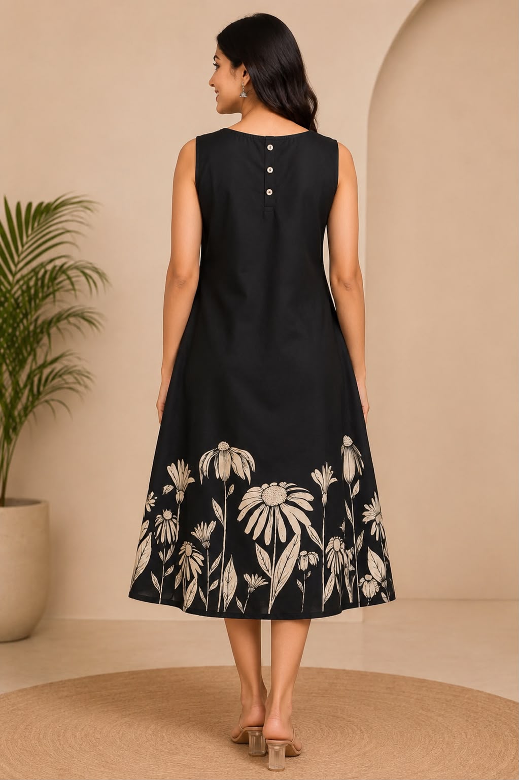 Floral Print Black A-Line Dress
