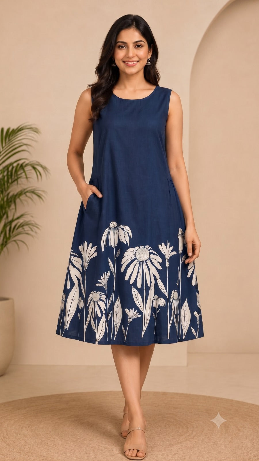 Floral Print Blue A-Line Dress
