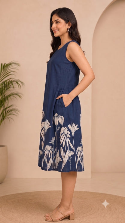 Floral Print Blue A-Line Dress