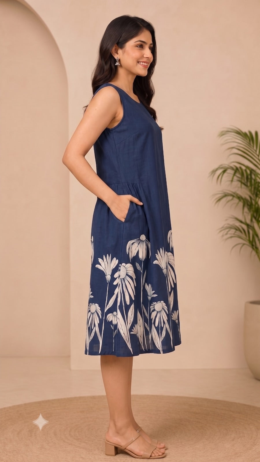 Floral Print Blue A-Line Dress