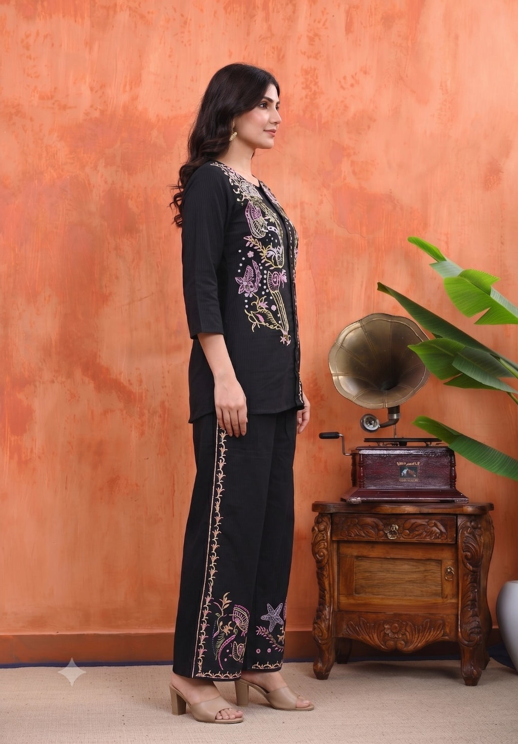 Floral Cotton Embroidered Top with Palazzos