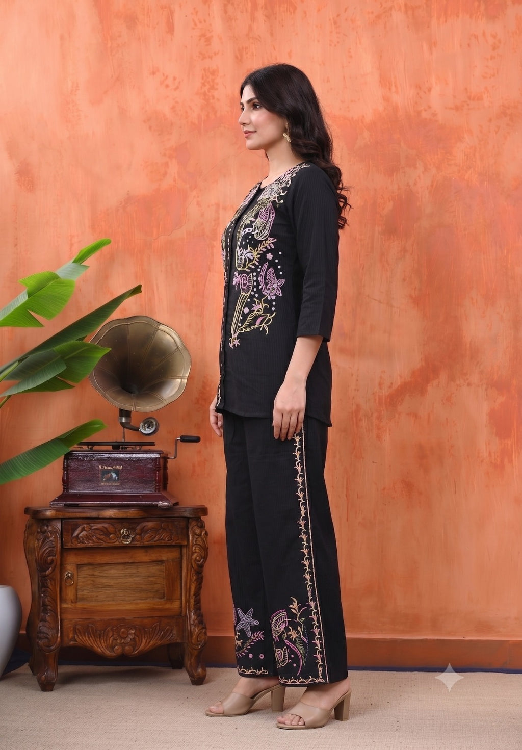 Floral Cotton Embroidered Top with Palazzos
