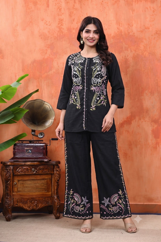 Floral Cotton Embroidered Top with Palazzos