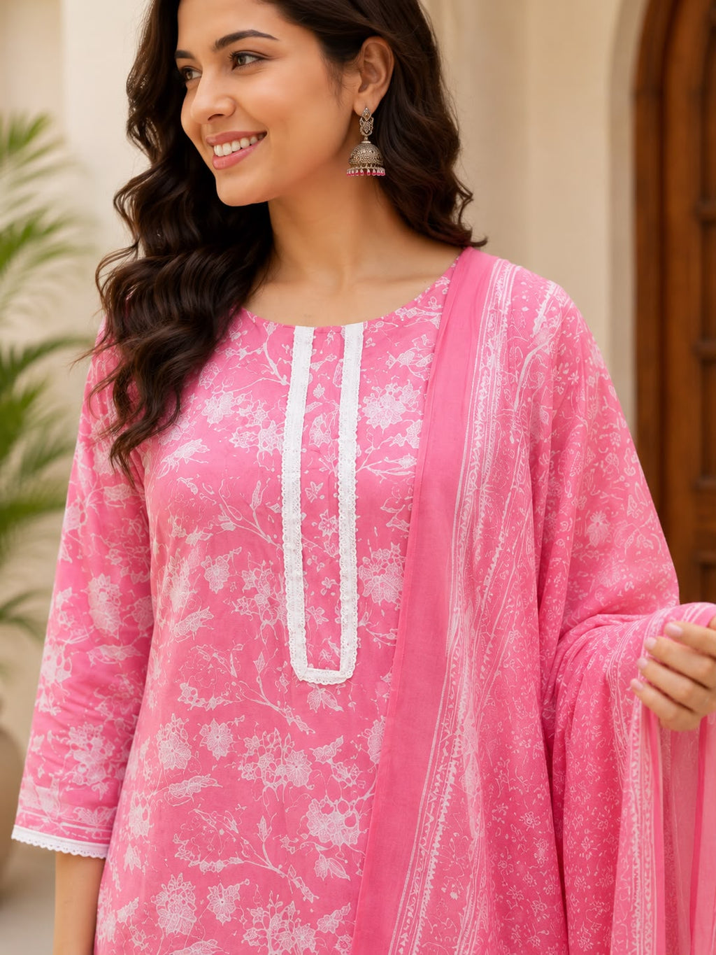 Women Floral Printed Regular Pure Cotton Kurta with Trousers & With Dupatta