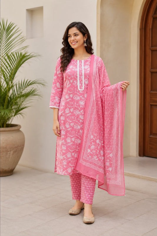 Women Floral Printed Regular Pure Cotton Kurta with Trousers & With Dupatta
