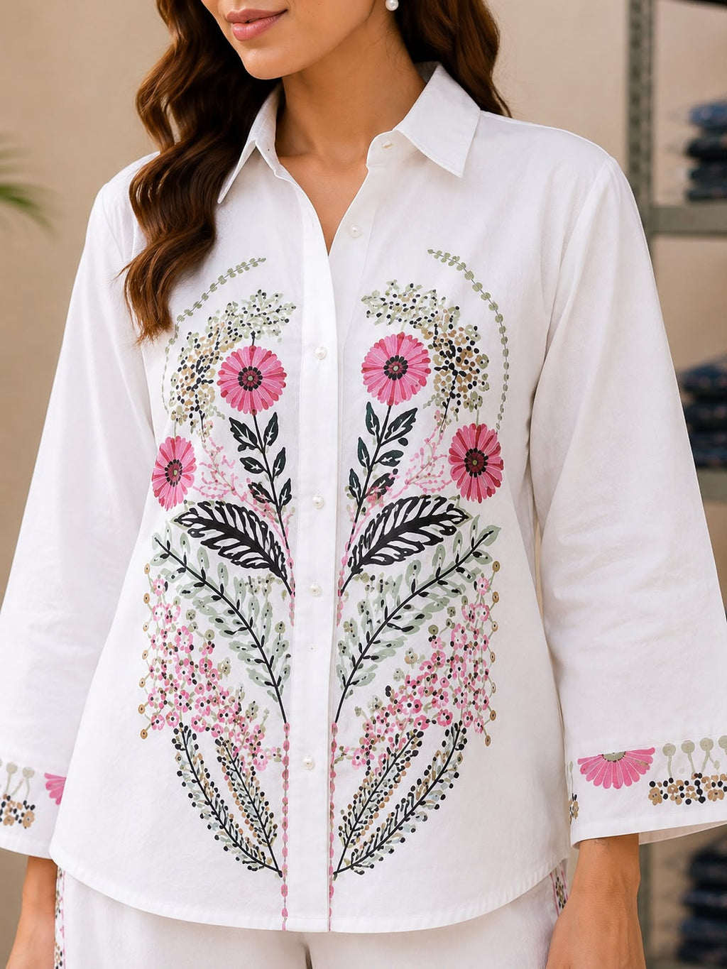 Cloth Bites Women White Floral Embroidered Cotton 60-60 Co-ord Set with Lining