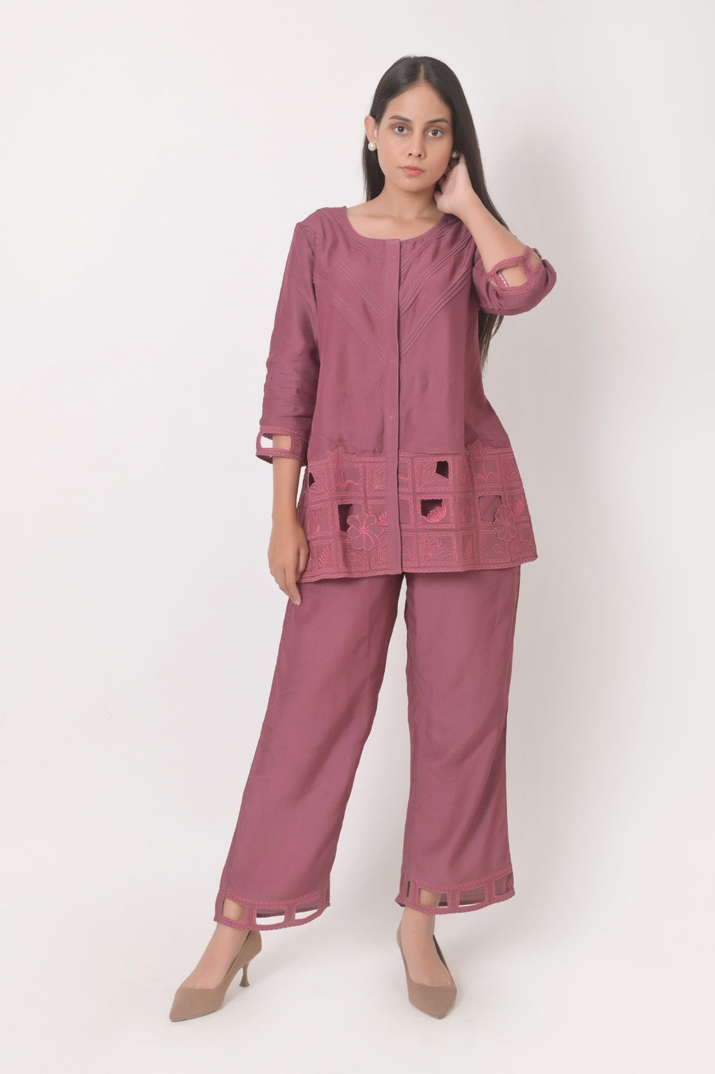 Dusty Rose Embroidered Co-Ord Set for Women | Cloth Bites