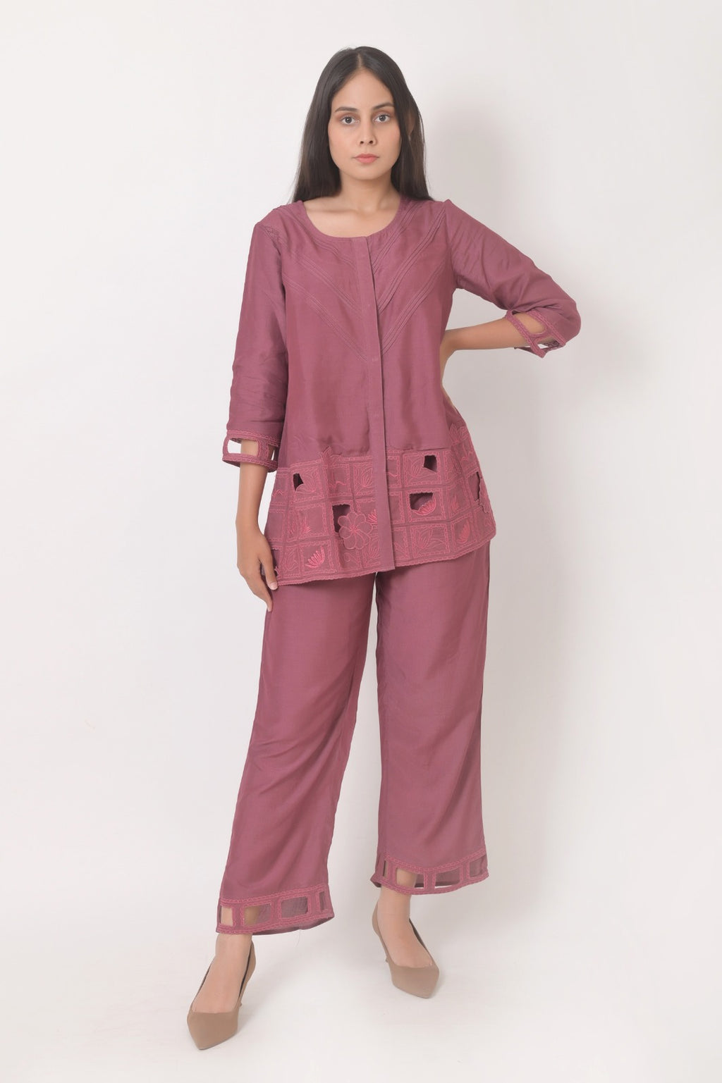 Dusty Rose Embroidered Co-Ord Set for Women | Cloth Bites