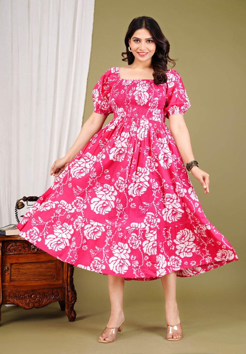 Women Floral Printed Cotton Fit & Flare Midi Dress