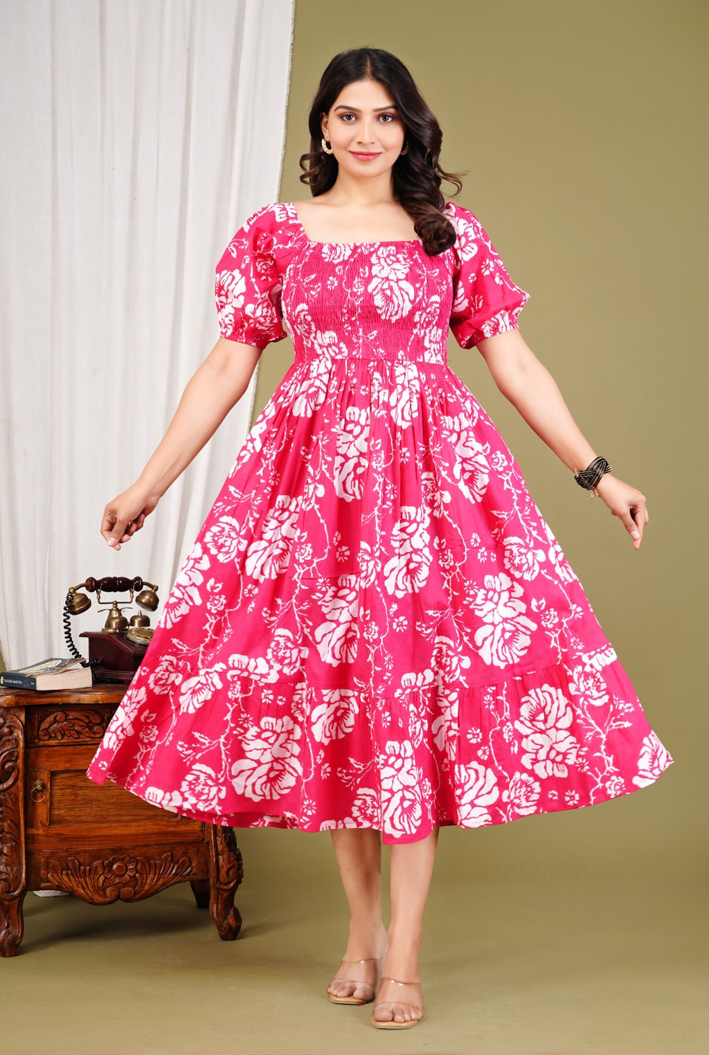 Women Floral Printed Cotton Fit & Flare Midi Dress