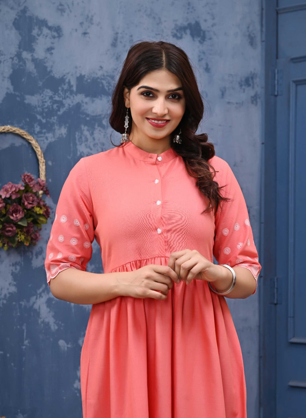 Women’s Coral Pink Cotton A-Line Dress with Embroidered Sleeves