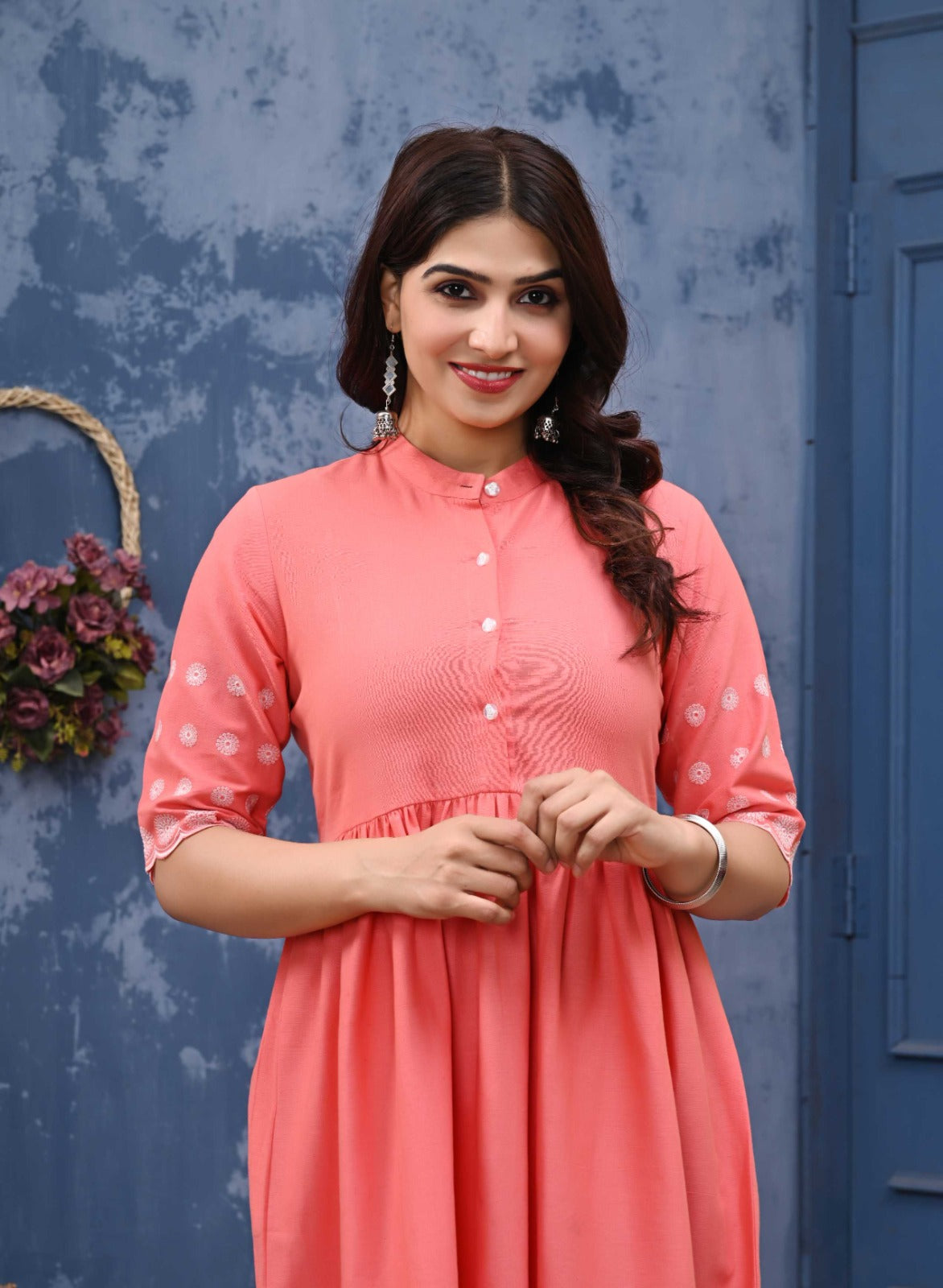 Women’s Coral Pink Cotton A-Line Dress with Embroidered Sleeves