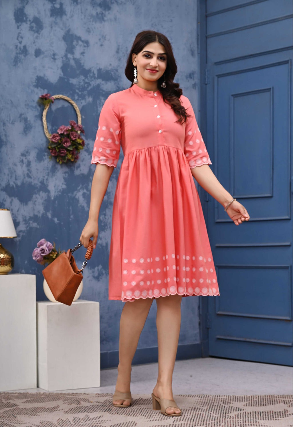 Women’s Coral Pink Cotton A-Line Dress with Embroidered Sleeves