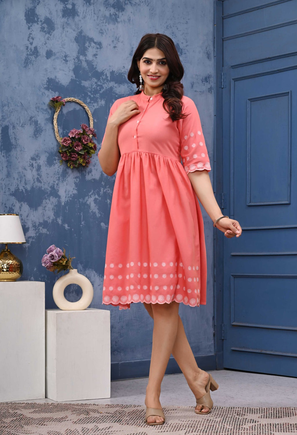 Women’s Coral Pink Cotton A-Line Dress with Embroidered Sleeves