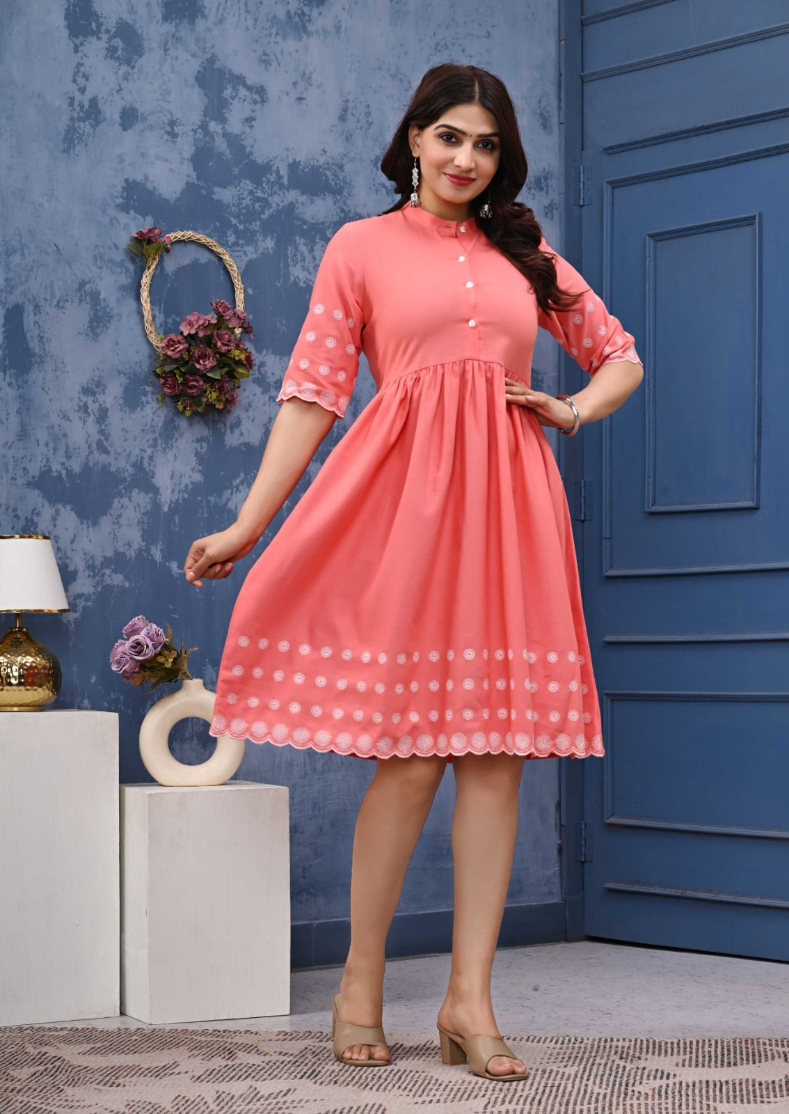 Women’s Coral Pink Cotton A-Line Dress with Embroidered Sleeves