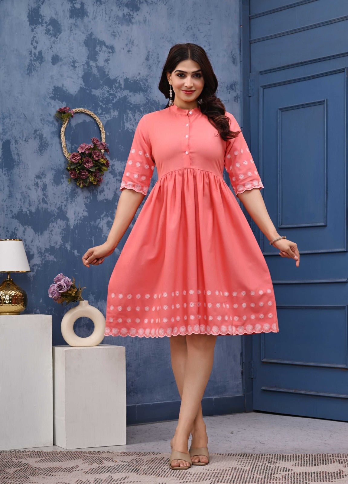 Women’s Coral Pink Cotton A-Line Dress with Embroidered Sleeves