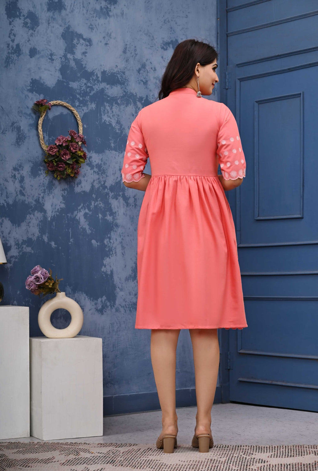 Women’s Coral Pink Cotton A-Line Dress with Embroidered Sleeves