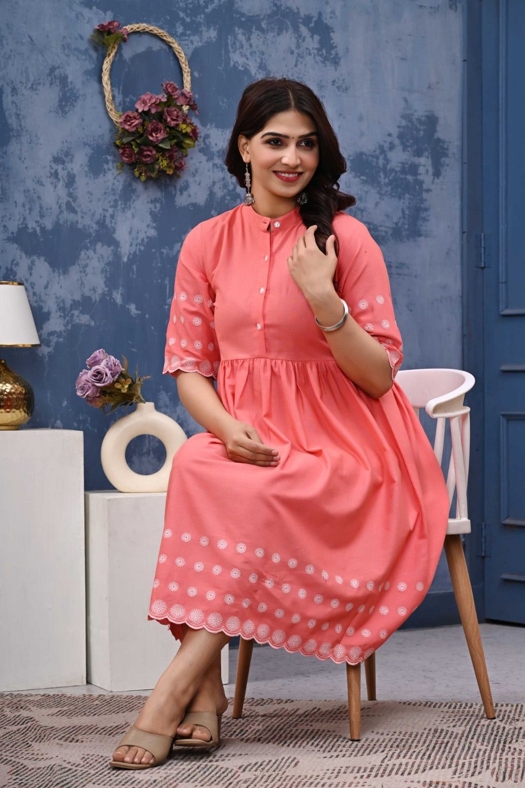 Women’s Coral Pink Cotton A-Line Dress with Embroidered Sleeves