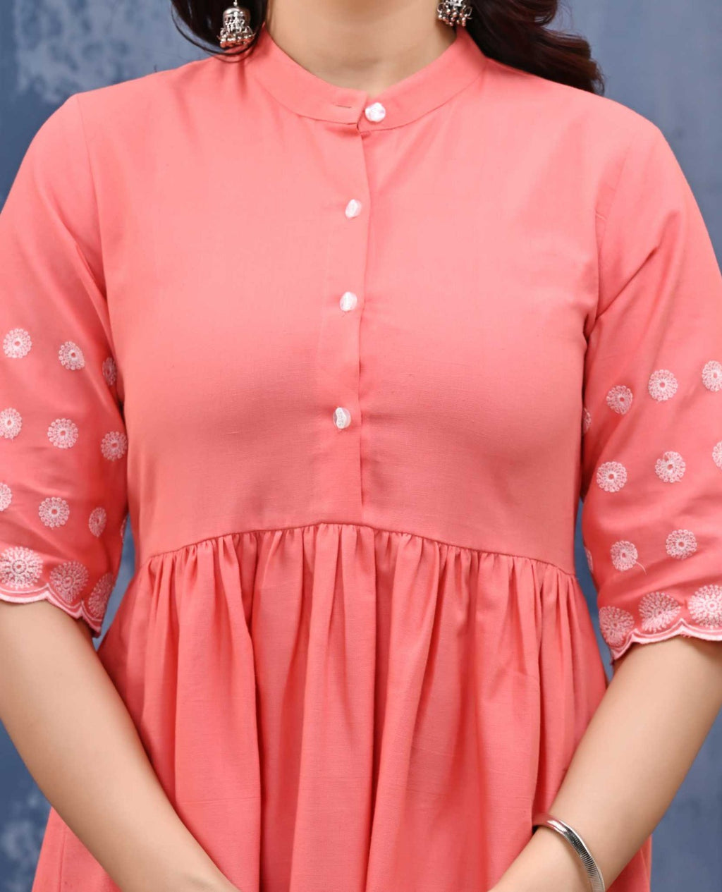 Women’s Coral Pink Cotton A-Line Dress with Embroidered Sleeves