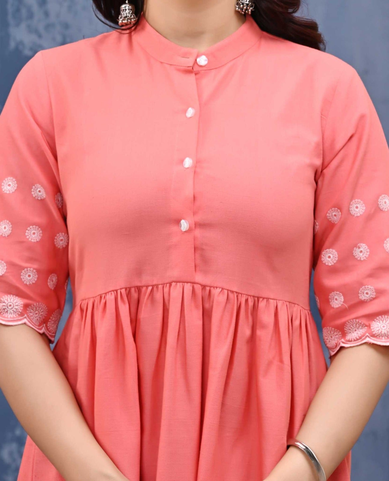 Women’s Coral Pink Cotton A-Line Dress with Embroidered Sleeves