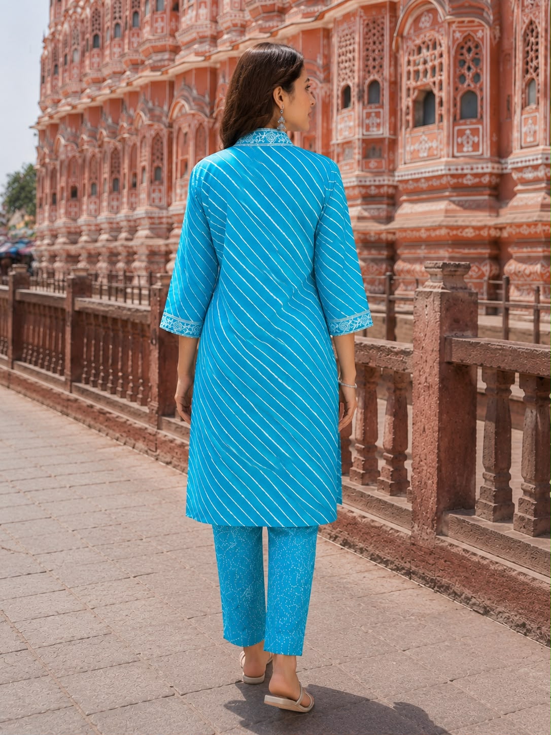 Women’s Blue Leheriya Printed Cotton Kurta with Palazzo Set