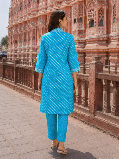 Women’s Blue Leheriya Printed Cotton Kurta with Palazzo Set