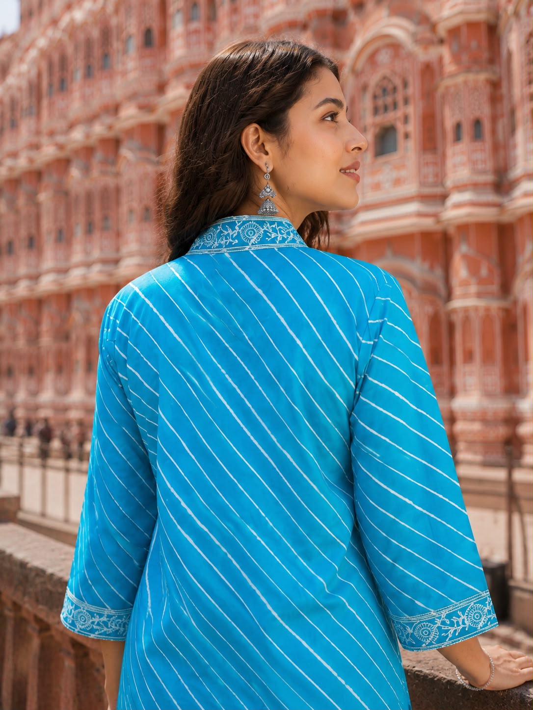 Women’s Blue Leheriya Printed Cotton Kurta with Palazzo Set