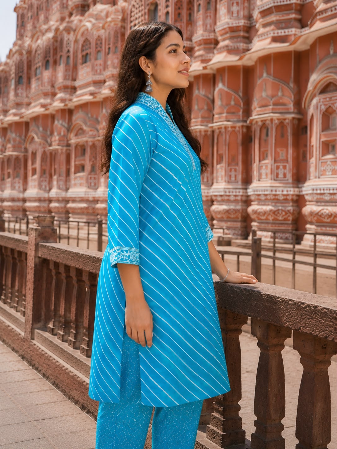 Women’s Blue Leheriya Printed Cotton Kurta with Palazzo Set
