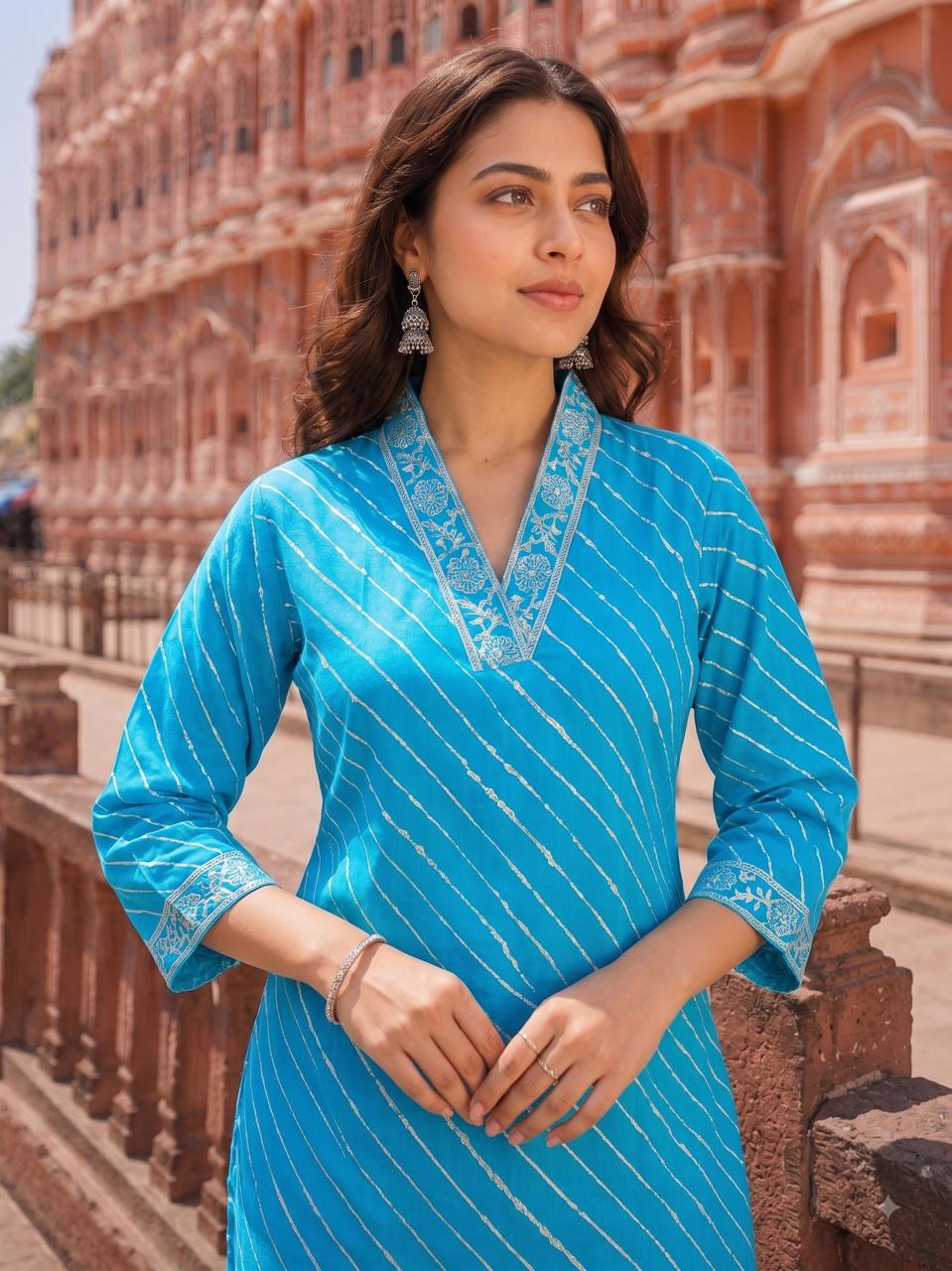 Women’s Blue Leheriya Printed Cotton Kurta with Palazzo Set