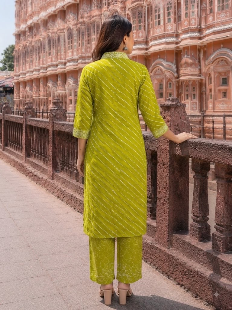 Women’s Green Leheriya Printed Cotton Kurta with Palazzo Set